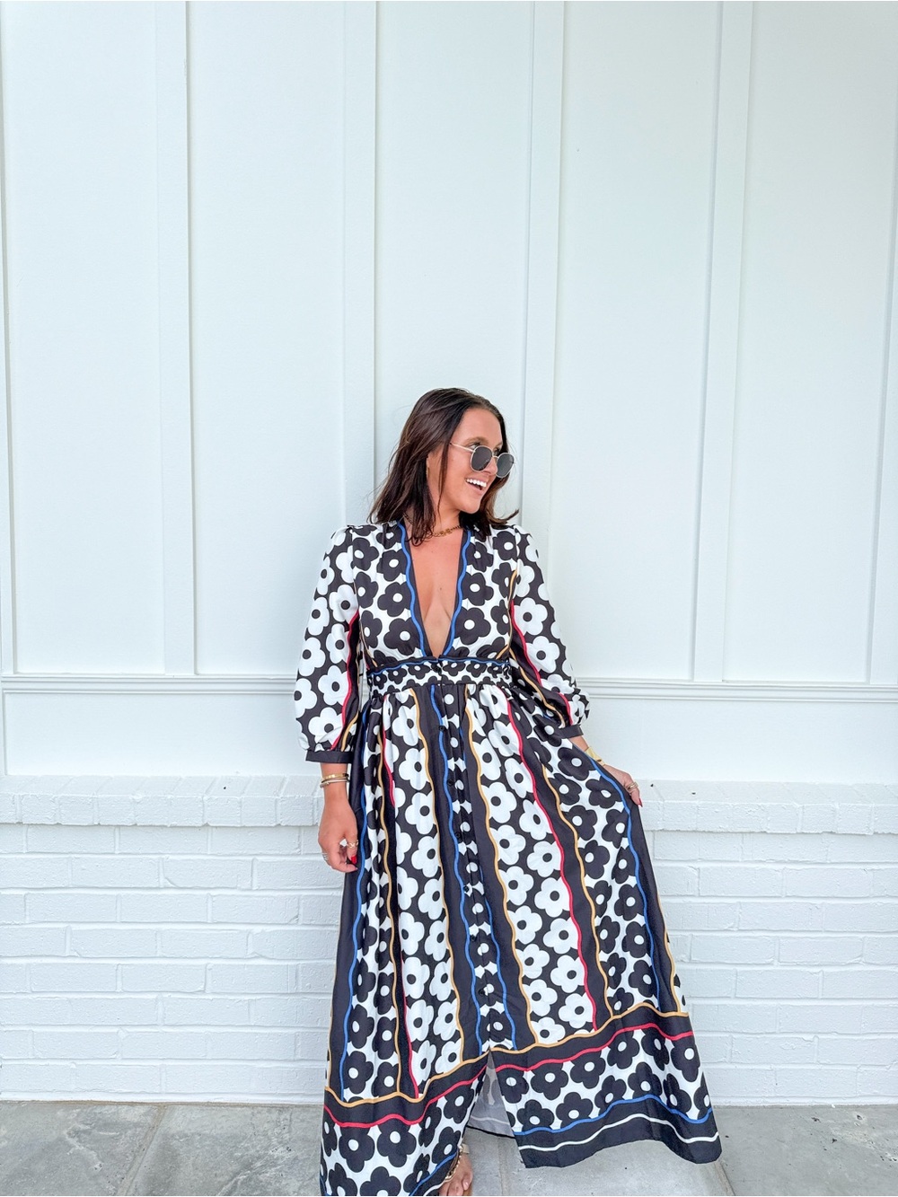 Floral Stripe V-Neck Maxi Dress in Navy and White